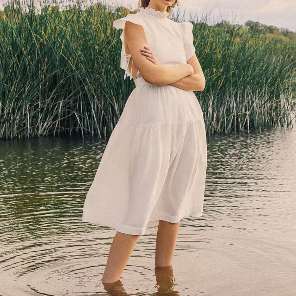 urban outfitters x laura ashley chloe ruffle apron midi dress